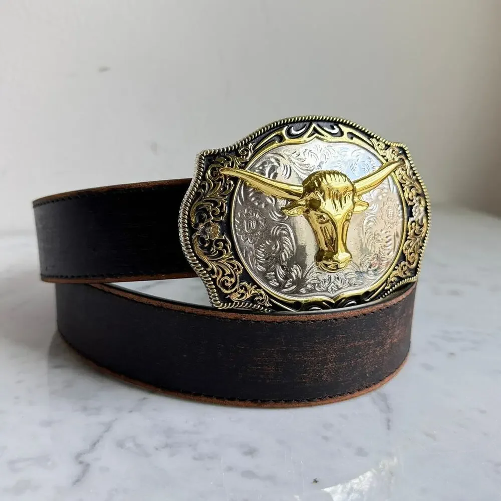 Longhorn Western Buckle Italian Vera Pelle Leather Belt XL 39-42